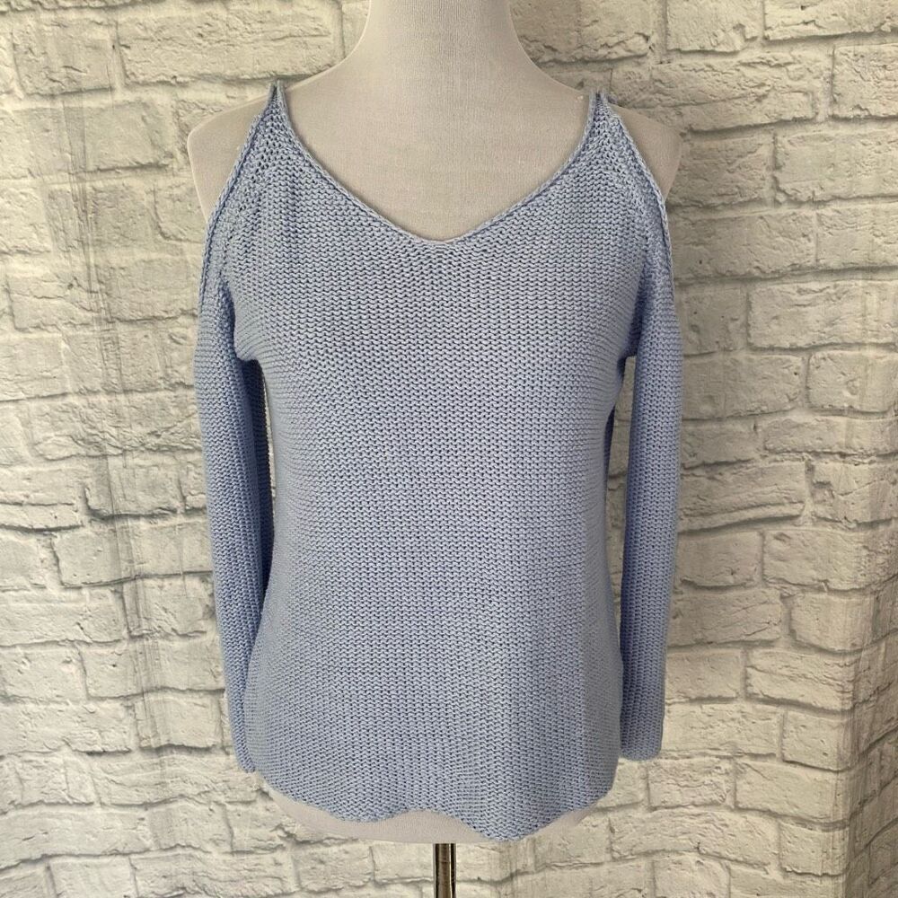 Alya women S cold shoulder v cut Longsleeve knit sweater light blue